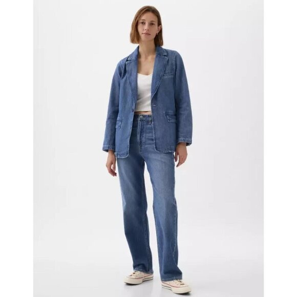 GAP Womens Long Sleeve Single Breasted Denim Blazer Jacket Blue Size L Petite - Picture 1 of 13